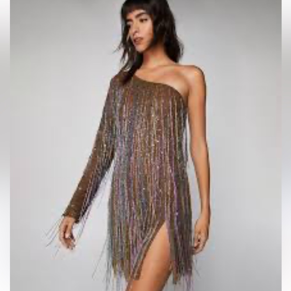 Nasty Gal Metallic Brown One-Shoulder Fringe Mini Dress